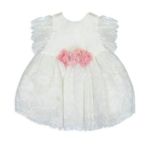 Miniclasix baby girl lace flower appliqué dress.